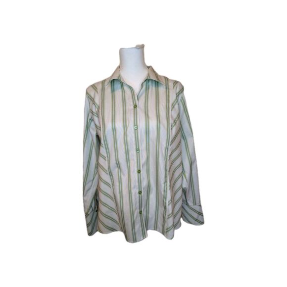 Liz Claiborne Non Iron Striped Women's Shirt Button Blouse Green Size 12 Career - Picture 1 of 9